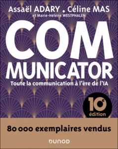 couverture du livre COMMUNICATOR - Dunod, couleurs principales violet prune et beige foncé.