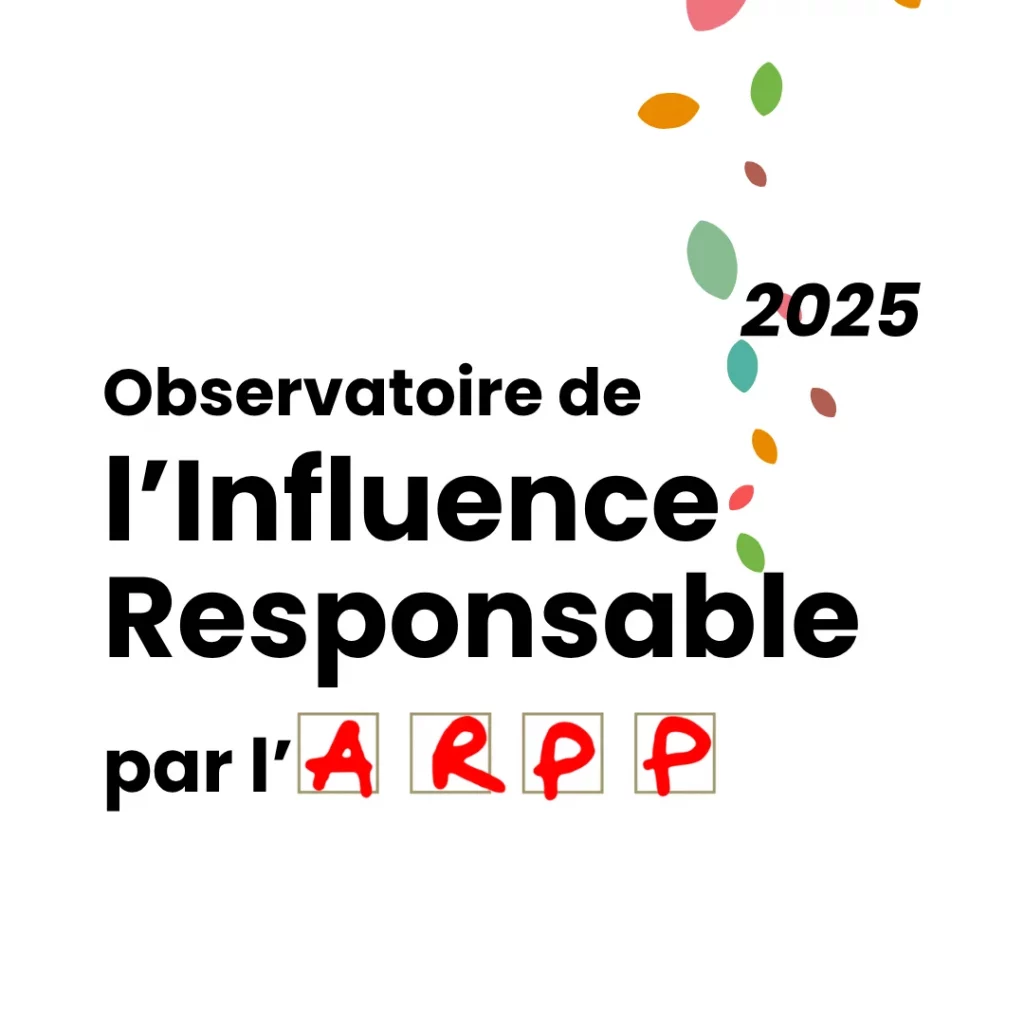 Visuel carré coloré avec le texte "Observatoire de l'Influence Responsable par l'ARPP" centré en noir, les lettres "ARPP" en rouge dans des carrés, l’année "2025" en haut à droite, et des feuilles multicolores encadrant le tout. Contraste et lisibilité respectés.