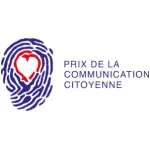 Logo : "Prix de la communication citoyenne" écrit en bleu foncé à côté du symbole en forme d'empreinte de doigt bleu foncé et rouge