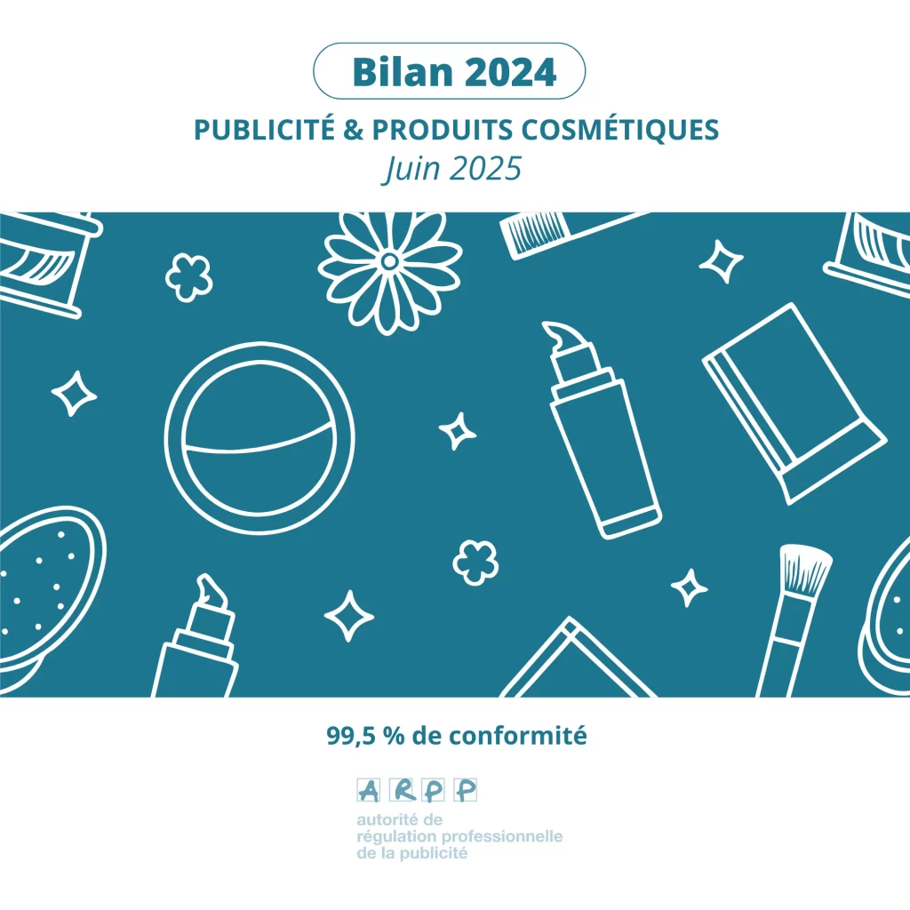 visuel du Bilan Publicité et Produits Cosmétiques 2024, aux couleurs : bleu / vert canard et blanc