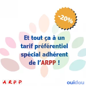 visuel code promo -20% du partenariat accessibilité numérique ARPP x OUIDOU, aux couleurs principales bleu foncé, rouge et blanc