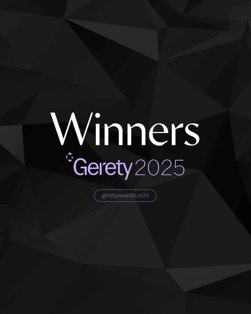 Visuel Gerety Winner 2025 ; fond noir et écriture fines blanche et violette