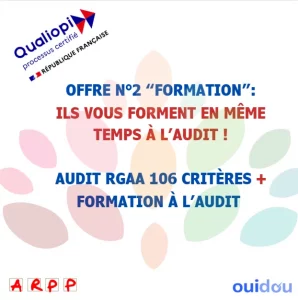 visuel du partenariat accessibilité numérique ARPP x OUIDOU, aux couleurs principales bleu foncé, rouge et blanc