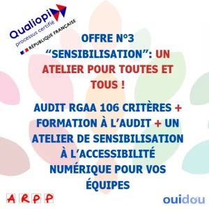 visuel du partenariat accessibilité numérique ARPP x OUIDOU, aux couleurs principales bleu foncé, rouge et blanc