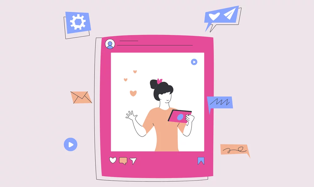 L’image représente une publication stylisée sur les réseaux sociaux. Au centre, une personne tient une tablette et interagit avec l’écran. Autour d’elle, plusieurs icônes typiques du digital : cœur (like), bulle de dialogue (commentaire), enveloppe (message), bouton lecture (vidéo), engrenage (paramètres), et marque-page. Le fond est rose clair, avec un encadré principal rose vif, évoquant l’univers visuel des plateformes sociales.