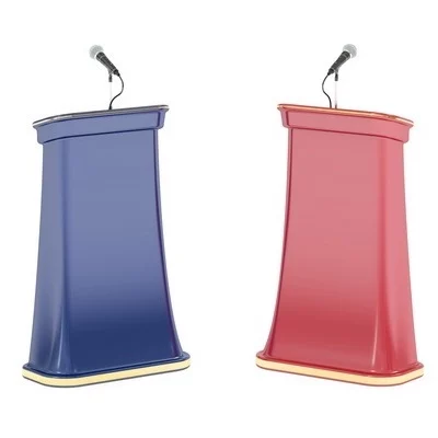 Image illustrative présentant 2 pupitres avec des micros au couleur bleu, blanc, rouge du drapeau français