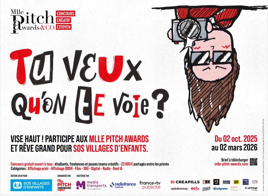 Affiche du concours Mlle Pitch Awards & Co : un personnage dessiné à l’envers tient un appareil photo, avec le message « Tu veux qu’on LE voie ? ». L’affiche annonce un concours créatif au profit de SOS Villages d’Enfants.